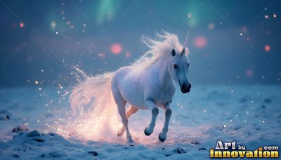 Pale white unicorn galloping across snowy ground at night
