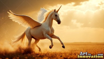 Wide feathered wings spread as a pale white alicorn gallops across a dusty field at sunset