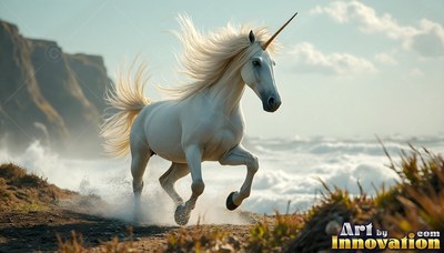 A snow-white unicorn gallops along a windy dirt coast in soft sunlight