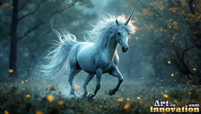 Trotting forward, a pale white unicorn moves through a dim forest with yellow flowers