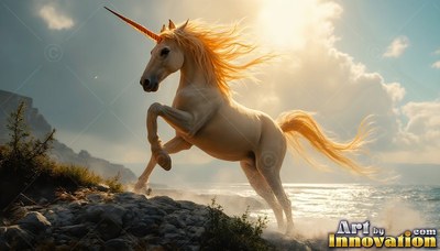 A white unicorn runs along a rocky coast under warm afternoon sun