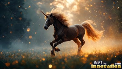 In a sunlit forest, a brown unicorn runs through grass with a flowing mane