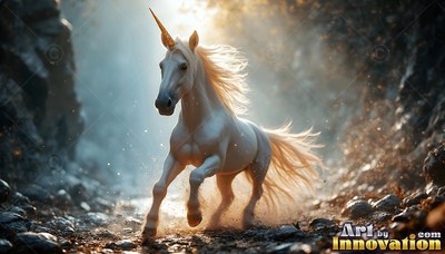 Galloping along a rocky path, a white unicorn runs through soft sunlight