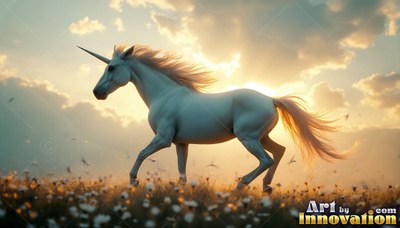 A pale white unicorn trots through a field of flowers at sunset