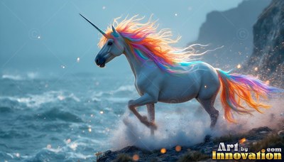 Rainbow mane flying in the wind, a pale white unicorn gallops along a rocky shore in churning blue waves