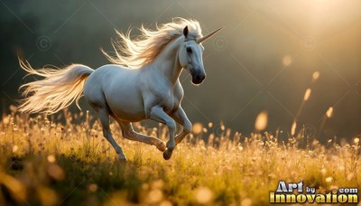 A pure white unicorn gallops through a grassy field under warm golden sunlight