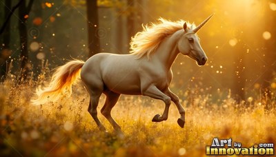 Galloping in profile, a pure white unicorn runs through a sunlit autumn forest