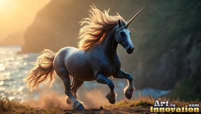 A white unicorn gallops along a coastal cliff in the warm sunset light