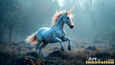 In a misty forest, a pale white unicorn gallops across dark rocky ground