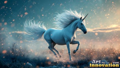 Galloping across a dusty field, a white unicorn runs through soft blue light