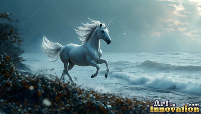 Pure white unicorn galloping on a dark beach by misty waves