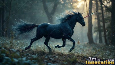With a long straight horn, a black unicorn charges through a misty forest at dawn