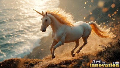 A white unicorn charges along a coastal cliff in golden evening sunlight