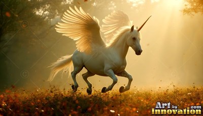 Galloping with wings spread wide, a bright white alicorn crosses a sunlit field