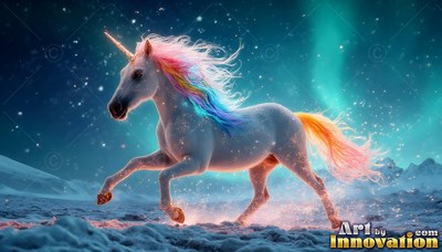 A pale white unicorn with a rainbow mane trots across snow under the northern lights