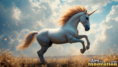 In a dusty field under bright clouds, a white unicorn rears up on its hind legs