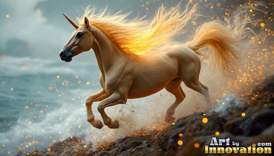 Galloping along a rocky coast, a golden-pure white unicorn runs through sea spray