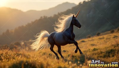 A gray unicorn runs through a grassy field at sunset