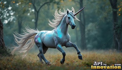 A spiraled horn points forward as a silver unicorn canters through a dim forest