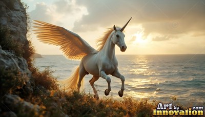 A winged pale white unicorn gallops along a coastal cliff in golden sunset light