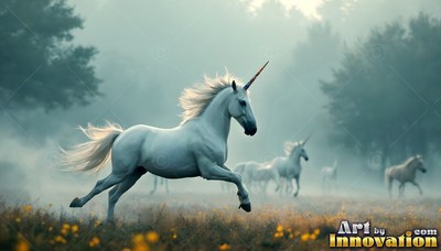 Galloping in profile across a foggy meadow, a pale white unicorn leads a herd