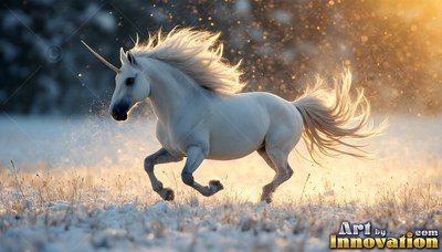 A pale white unicorn sprints through a snowy field in warm golden sunlight