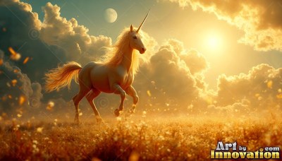In a sunny golden field, a white unicorn canters beneath clouds and the moon