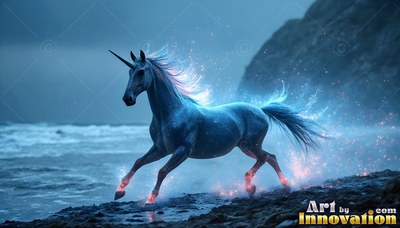 Galloping along a dark shore, a blue unicorn kicks up bright sparks near the ocean
