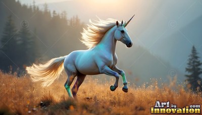 White unicorn galloping through a grassy field at sunrise