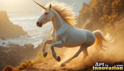 With a flowing golden mane, a white unicorn gallops along a dusty coastal cliff at sunset