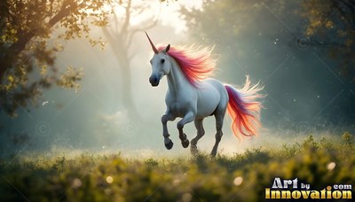 A white unicorn runs forward through morning mist with a pink and orange mane