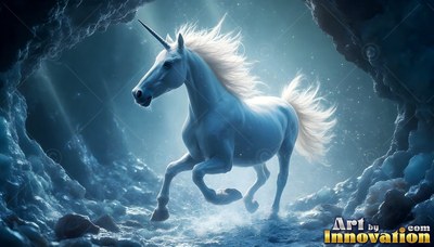 Galloping forward, a bright white unicorn runs through a dark blue ice cave