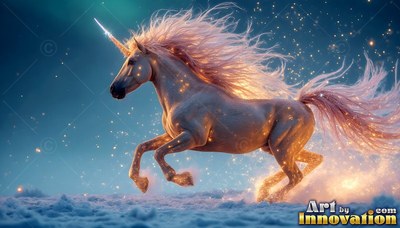 A pure white unicorn runs across soft clouds through sparkly blue light
