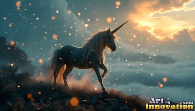 On a misty mountain at sunset, a pure white unicorn trots among floating golden sparks