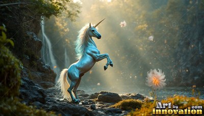 Rearing on rocky ground, a pure white unicorn stands beside a forest waterfall in misty sunlight