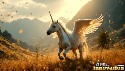 A white winged unicorn running through a sunny mountain field