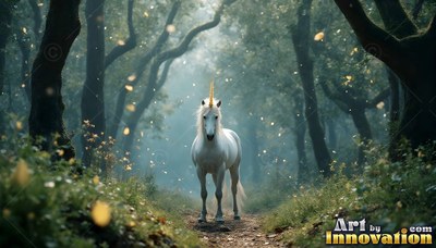 A golden horn tops a white unicorn standing on a dirt path in a misty green woods