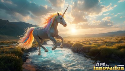 A bright white unicorn leaps across a shallow creek beneath a warm sunset sky