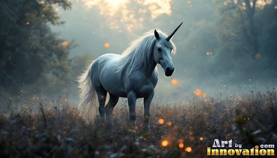 Standing three-quarters turn in misty woods, a bright white unicorn pauses in dark grass