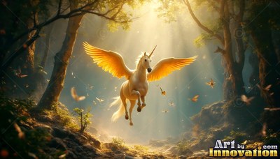 A white alicorn leaps through a sunlit forest with bright golden wings