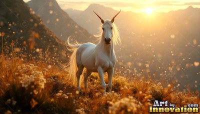 On a sunlit mountain hill, a white two-horned unicorn stands in golden grass
