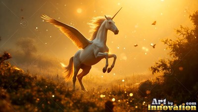 Rearing up on hind legs, a snow-white alicorn leaps through a field under golden sunset light