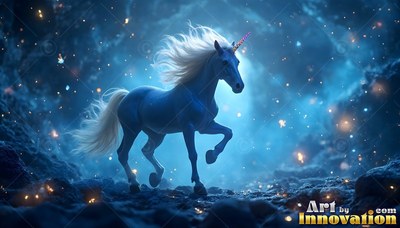 Blue unicorn with a white mane walking under blue light