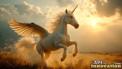 Spreading feathered wings, a white alicorn rears up in a grassy field at sunrise