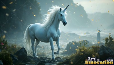 A bright white unicorn walks forward over rocky ground in soft blue morning light