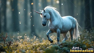 Trotting forward, a pale white unicorn walks through a dim forest with soft light
