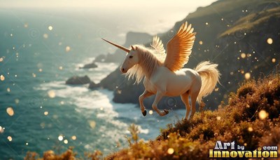 A flying pure white unicorn gallops over a grassy cliff above the sea