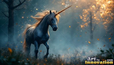In a misty autumn forest, a dark unicorn trots through fallen leaves