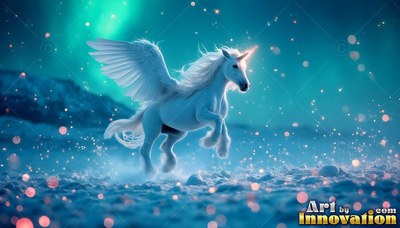 Galloping over snowy ground, a flying pale white unicorn runs under green northern lights