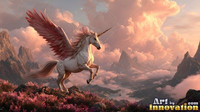 Winged unicorn prancing above pink clouds in the mountains